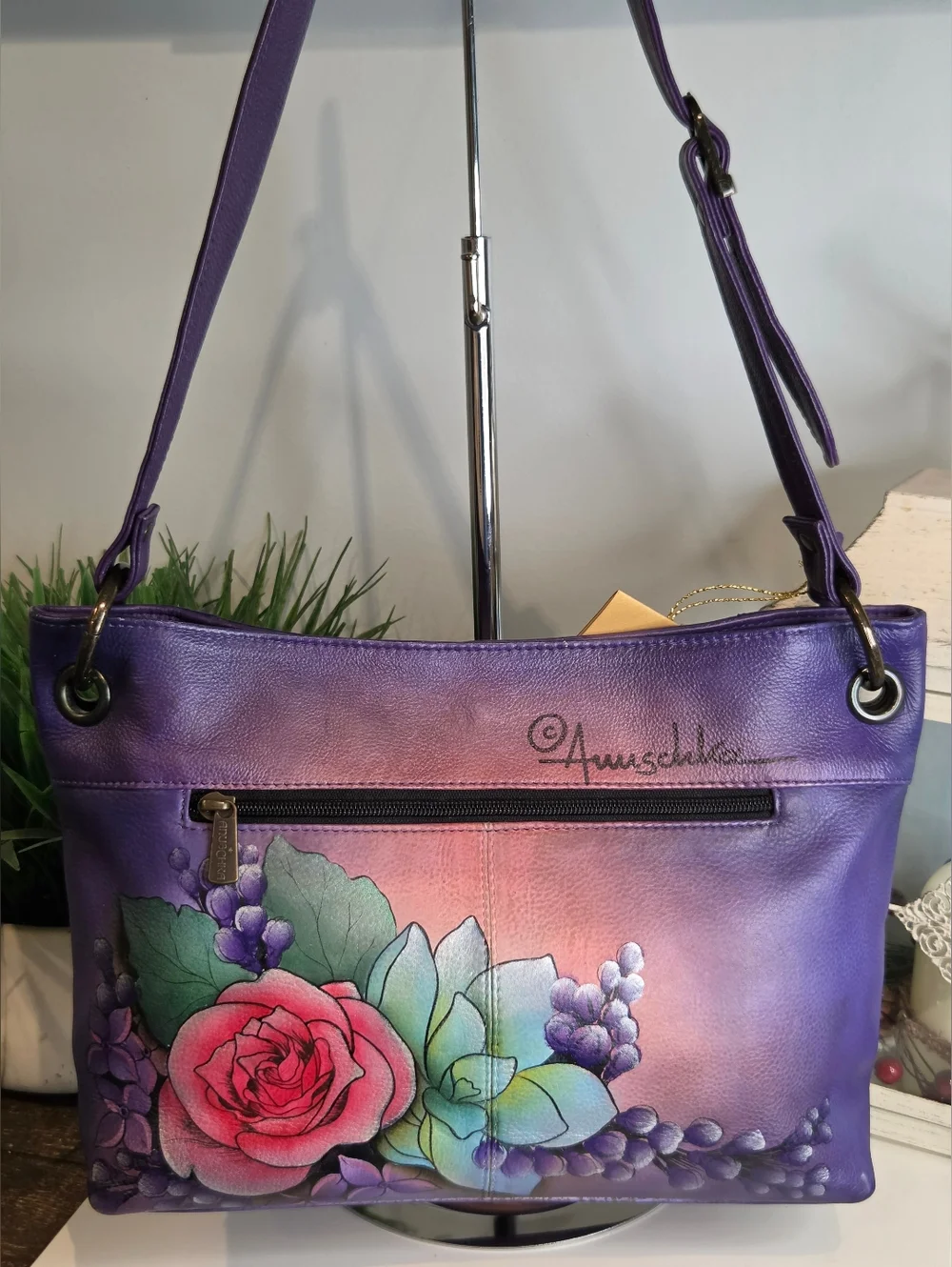 Anuschka Hand-Painted Purple Floral Leather Shoulder Bag - Picture 5 of 14